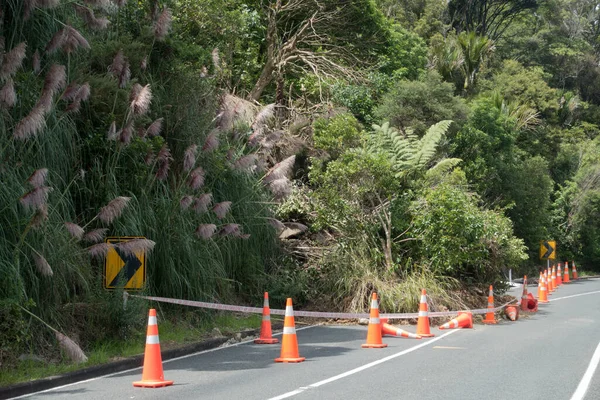 Following tropical storm Cyclone Gabrielle a land slip has occurred blocking one half of a road.Orange safety cones are in place around the fallen trees and mud.New Zealand