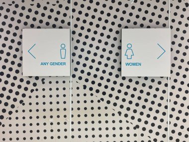 İki modern stil tuvalet işareti. Biri tanımlanmamış sembollü 'herhangi bir cinsiyet' diyor, diğeri ise kadın ikonlu 'kadınlar'. Soyut polka noktalı arkaplanda beyaz kare işareti. Sol ve sağ oklar