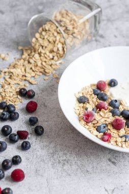 Oatmeal flaking with fresh blueberries, on a concrete background. healthy eating