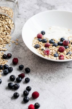 Oatmeal flaking with fresh blueberries, on a concrete background. healthy eating