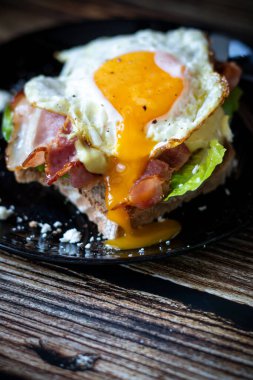 A fresh and healthy toasted sandwich made from fresh vegetables. Sandwich with eggs and bacon.