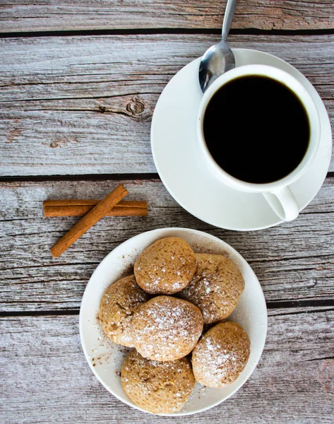 Freshly Baked Cookies Cinnamon Coffee Sweet Lunch Wooden Background — Stock Photo, Image