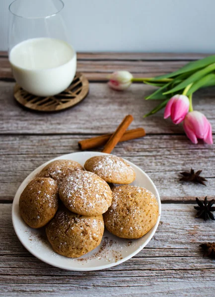 Freshly Baked Cookies Cinnamon Coffee Sweet Lunch Wooden Background — Stock Photo, Image