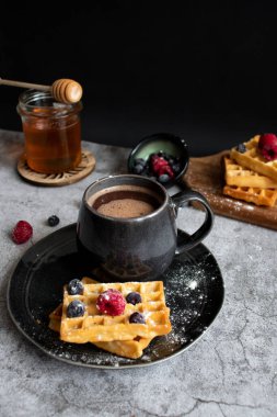 Homemade waffles with berries in a plate, on a gray background. Breakfast