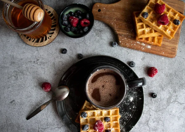 Homemade Waffles Berries Plate Gray Background Breakfast — Stok Foto