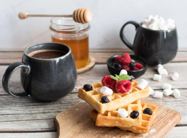 Belgian Waffles Berries Morning Wooden Background — Stock Photo, Image