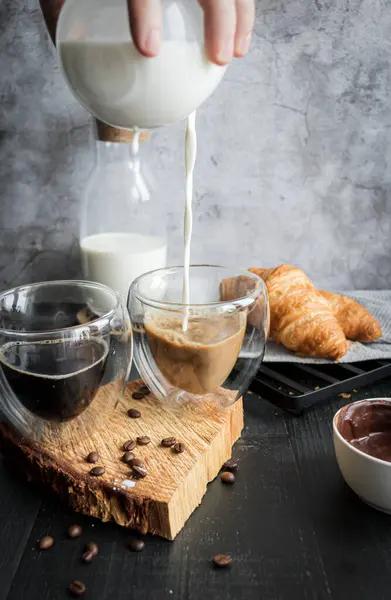 stock image Coffee with milk. Morning. On a dark background. Breakfast