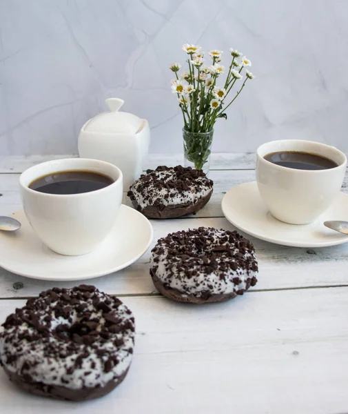 Chocolate Donuts Cup Coffee White Wooden Table — Stock Photo, Image