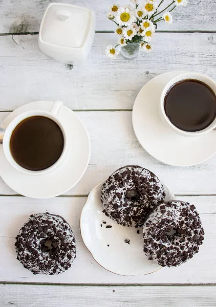 Chocolate Donuts Cup Coffee White Wooden Table — Stock Photo, Image