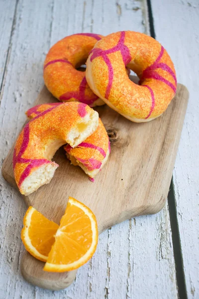Fresh Donuts Strawberry Orange Juice White Wooden Background — Stock Photo, Image