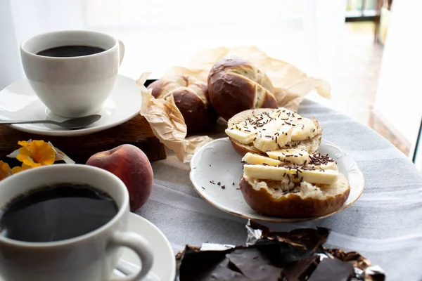 Breakfast Coffee Buns Table Morning — Stock Photo, Image
