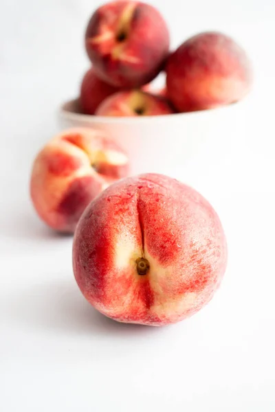 Ripe Peaches White Background Top View Close Fresh Peaches Bowl — Stock Photo, Image