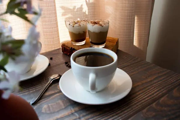 Кофе Деревянном Фоне Доброе Утро — стоковое фото