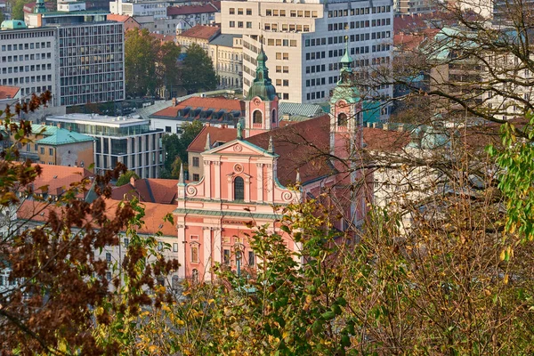 Detail Franciscan Church Annunciation City Buildings Background Ljubljana Slovenia Aerial — Stock Photo, Image