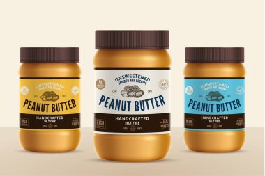 Peanut butter jars with labels. Peanut butter packaging design concept. Food label design