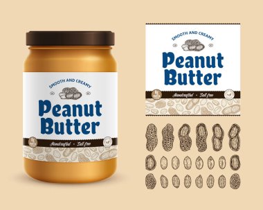 Vector peanut butter label. Realistic glass jar mockup. Hand-drawn peanut seeds and shells illustrations