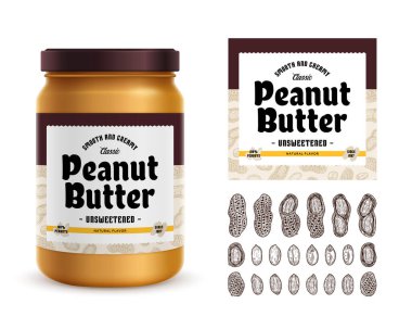 Vector peanut butter label. Realistic glass jar mockup. Hand-drawn peanut seeds and shells illustrations