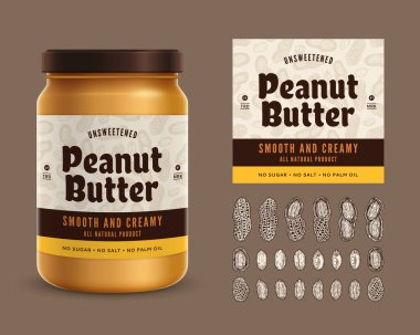 Vector peanut butter label. Realistic glass jar mockup. Hand-drawn peanut seeds and shells illustrations
