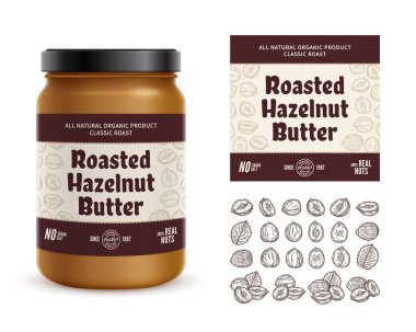 Kavrulmuş fındık ezmesi etiketi. Gerçekçi cam kavanoz modeli. El yapımı fındık tohumları ve kabuk çizimleri.