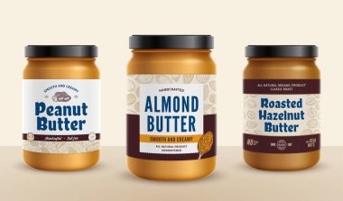 Fıstık, badem ve fındık ezmesi kavanozları etiketli, ambalaj tasarım konseptleri, gıda etiketi tasarımı