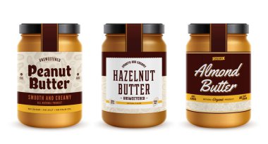 Fıstık, badem ve fındık ezmesi kavanozları etiketli, ambalaj tasarım konseptleri, gıda etiketi tasarımı