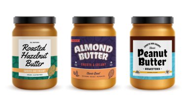 Fıstık, badem ve fındık ezmesi kavanozları etiketli, ambalaj tasarım konseptleri, gıda etiketi tasarımı