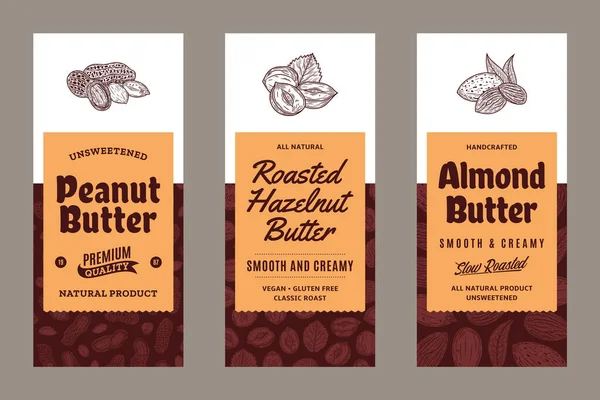 Etiquetas Manteiga Amendoim Amêndoa Avelã Estilo Moderno Ilustrações Padrões Porcas —  Vetores de Stock