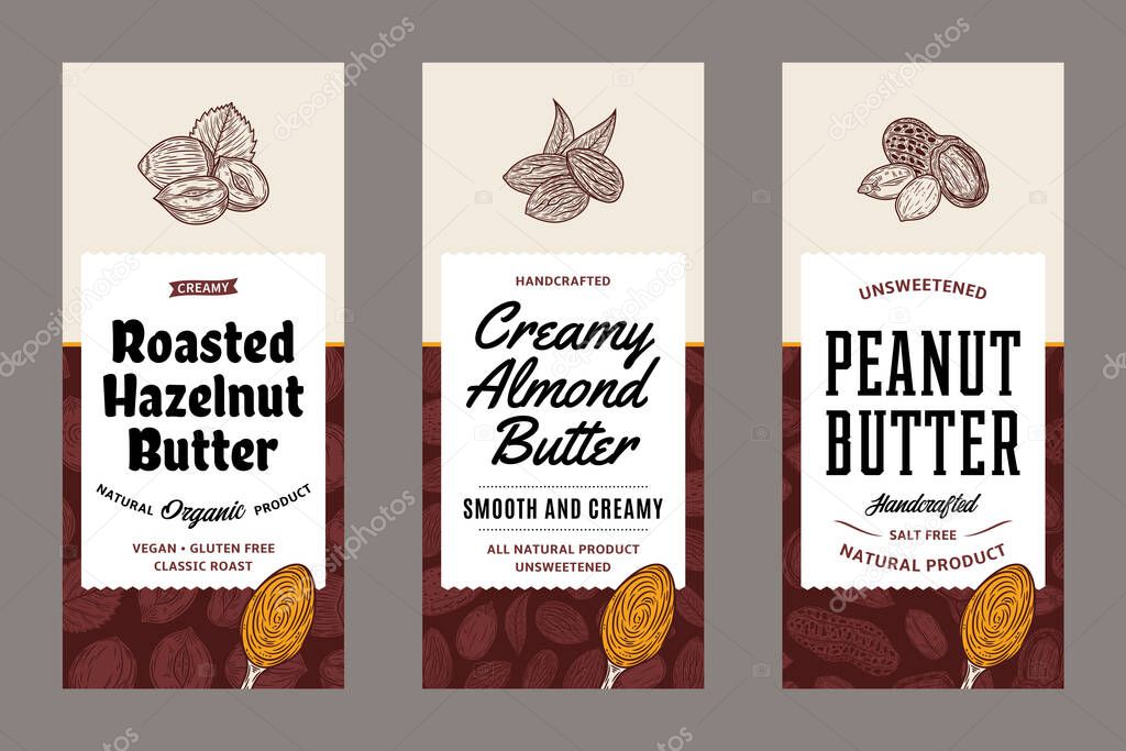 Peanut, almond and hazelnut butter labels in modern style. Vector nuts illustrations and patterns