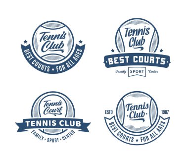 Vektör tenis kulübü logosu seti. Tenis kulübü, turnuva veya organizasyon için spor amblemleri