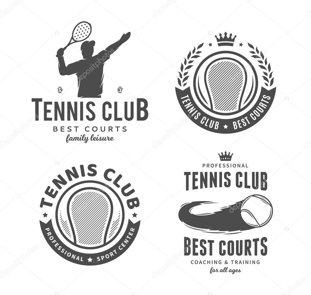 Set of tennis club logo with tennis player, ball, wreath and crown