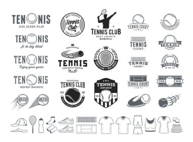 Vektör tenis kulübü logosu, spor amblemleri, kulüp binası, giyim ve organizasyon için tenis simgeleri.