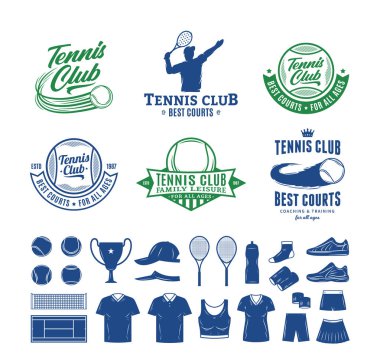 Tenis kulübü logosu, spor etiketleri, turnuva için tenis ikonları, eğlence ve kulüp binası