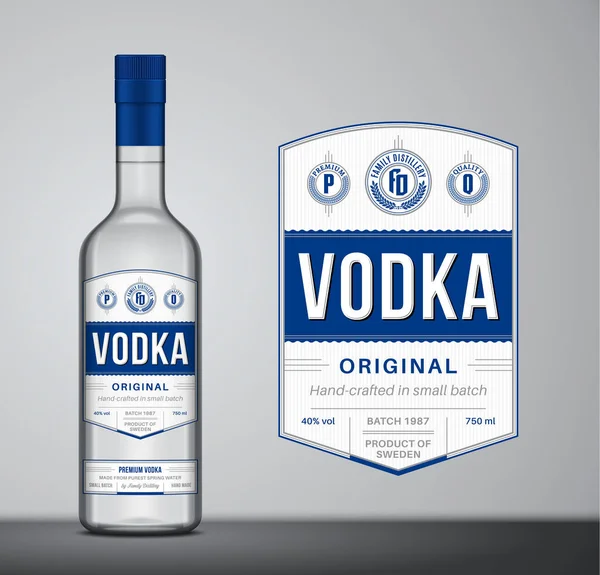 Šablona Štítku Vektorové Modré Bílé Vodky Vodka Skleněná Láhev Mockup Royalty Free Stock Vektory