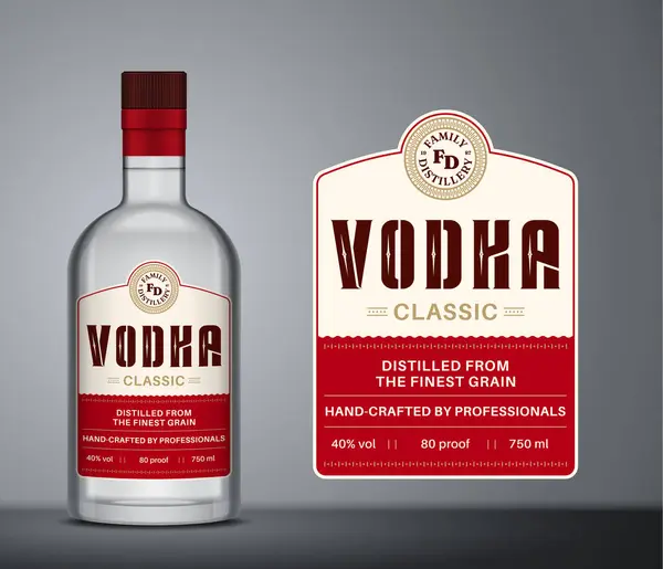 向量米色和红色伏特加标签模板 Vodka玻璃瓶模型 图库插图