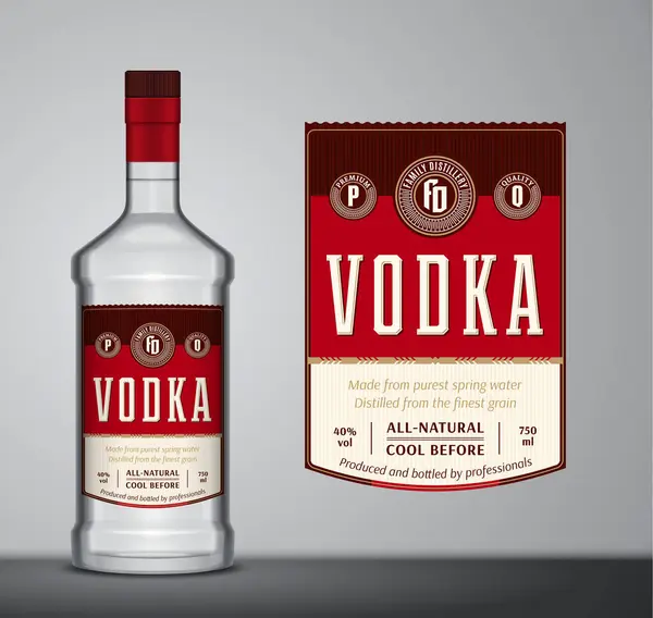 Šablona Štítku Vektorové Červené Béžové Vodky Vodka Skleněná Láhev Mockup Stock Ilustrace