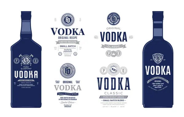Vodkaラベルとボトルモックアップテンプレート ビジネスブランディングとアイデンティティデザインの要素を蒸留 ストックベクター
