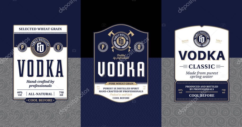 Vodka vintage labels and packaging design templates. Distilling business branding and identity design elements