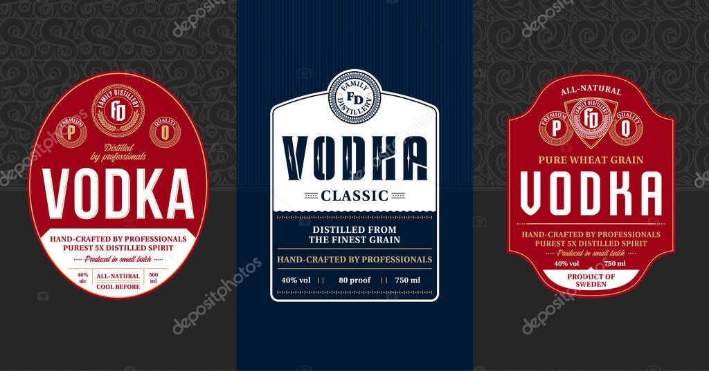 Vodka vintage labels and packaging design templates. Distilling business branding and identity design elements