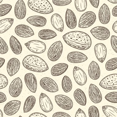 Vektör badem elle çizilmiş, dikişsiz kalıp ya da arkaplan. Badem çekirdekleri ve kabukları
