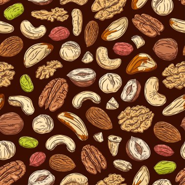 Vektör karışık fındıklar koyu ve pürüzsüz desen ya da arka plan. Ceviz çekirdekleri ve ceviz kabuğu çizimi