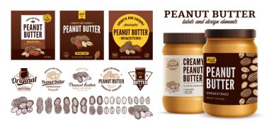 Fıstık ezmesi etiketleri. Fıstık ezmesi markası ve kimlik simgeleri, rozetler, rütbeler ve tasarım unsurları. Gerçekçi cam kavanoz modeli.