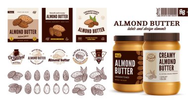 Vektör badem yağı etiketleri. Badem yağlı markalar, kimlik simgeleri, rozetler, rütbeler ve tasarım unsurları. Gerçekçi cam kavanoz modeli.