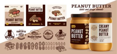 Fıstık ezmesi etiketleri. Fıstık ezmesi markası ve kimlik simgeleri, rozetler, rütbeler ve tasarım unsurları. Gerçekçi cam kavanoz modeli.