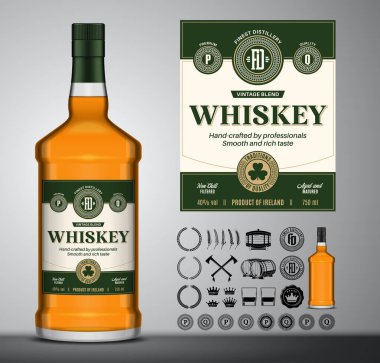 Vector viski etiketi şablonu. Viski şişesi maketi. Damıtılan iş tasarım unsurları