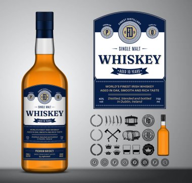 Vector viski etiketi şablonu. Viski şişesi maketi. Damıtılan iş tasarım unsurları