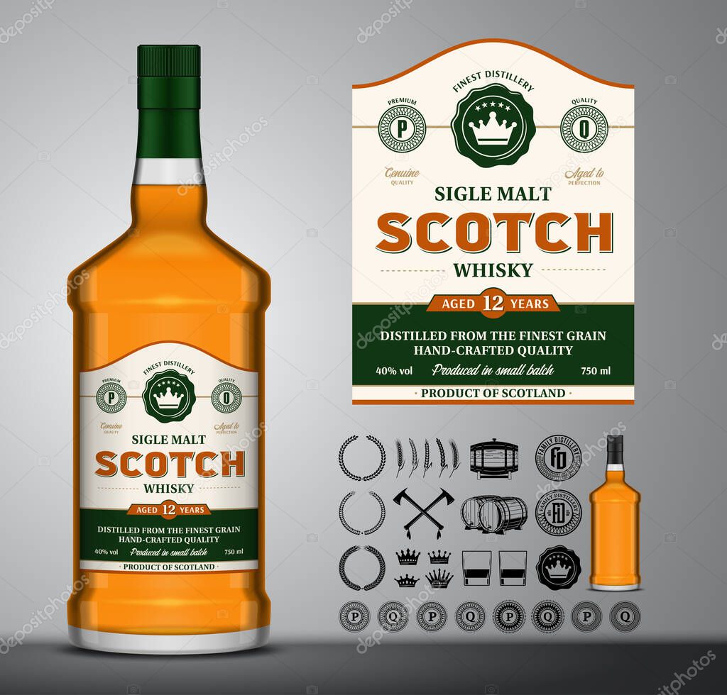 Vector scotch whisky label. Whisky glass bottle mockup. Alcoholic drink label design elements