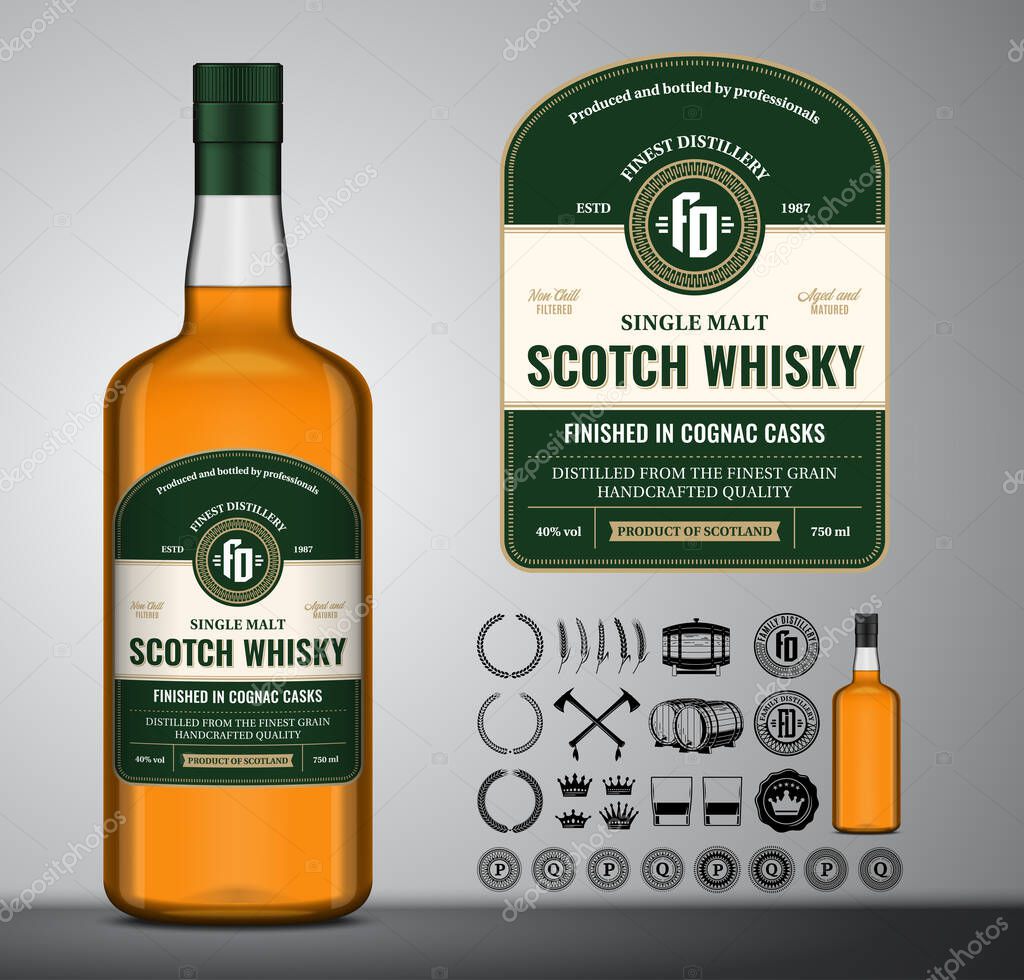 Vector scotch whisky vintage label. Whisky glass bottle mockup, icons and design elements