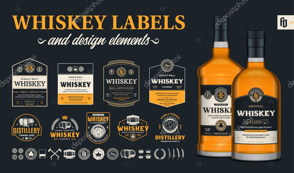 Vector premium quality whiskey labels on a dark background. Realistic whiskey glass bottle mockups. Distillery branding and identity design elements