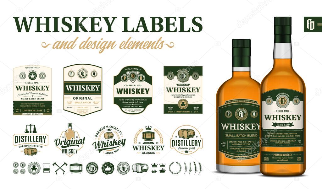 Vector green and beige premium quality whiskey labels. Realistic whiskey glass bottle mockups. Distillery branding and identity design elements