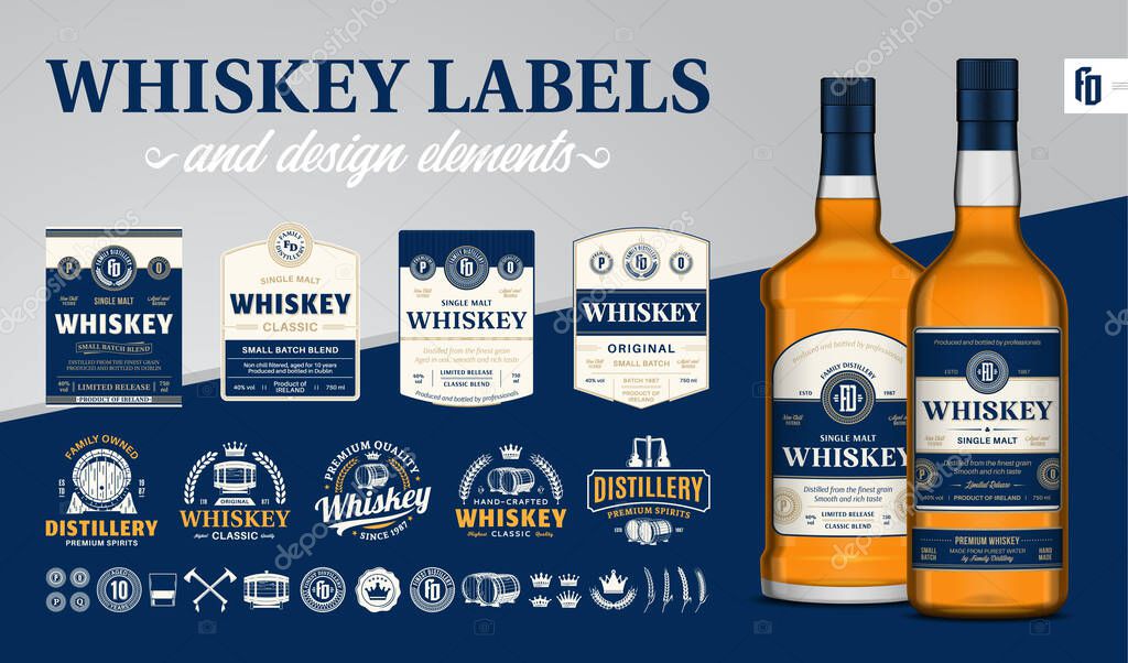 Vector blue and beige premium quality whiskey labels. Realistic whiskey glass bottle mockups. Distillery branding and identity design elements